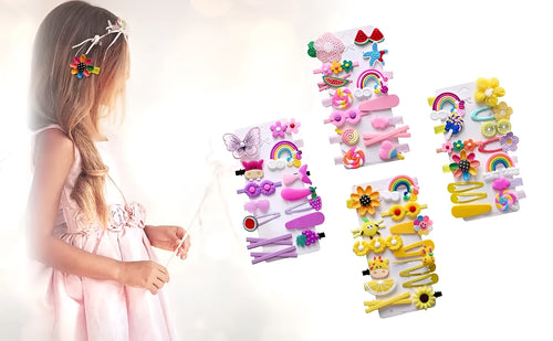 14-piece toddler hair clips set with rainbow barrettes, candy fruit, butterfly, and ice cream patterns on white background