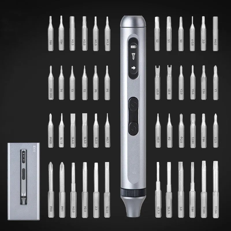 Precision electric screwdriver with aluminium alloy handle, showing compact 134.5mm length design.