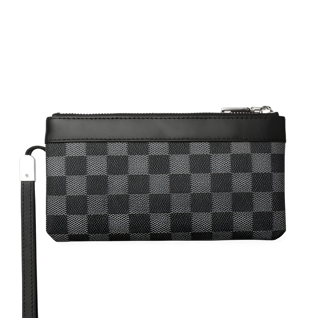 Men's black leather clutch wallet showing 20x10cm size and genuine cowhide material.