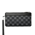 Men's black leather clutch wallet showing 20x10cm size and genuine cowhide material.