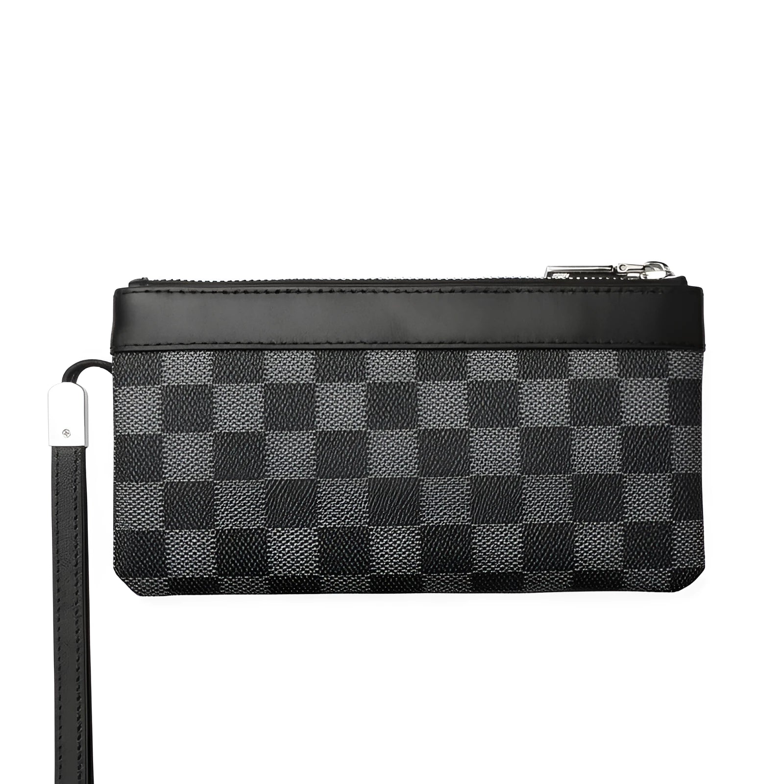 Men's black leather clutch wallet showing 20x10cm size and genuine cowhide material.