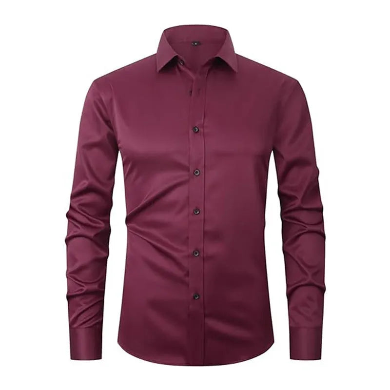 Men's long sleeve polyester work shirt on a hanger, shown in a light colour, demonstrating its professional style.