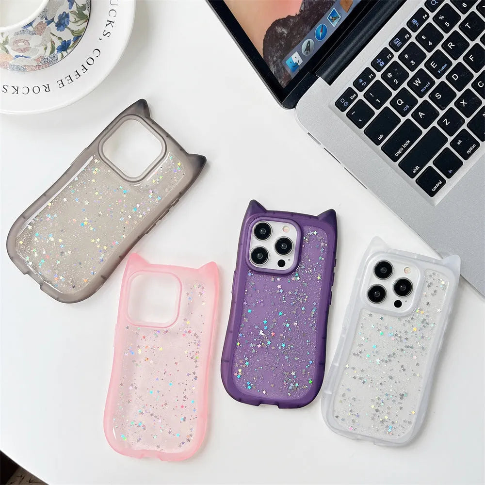 Three-dimensional cat ears epoxy glitter phone case for Apple iPhone in pink colour