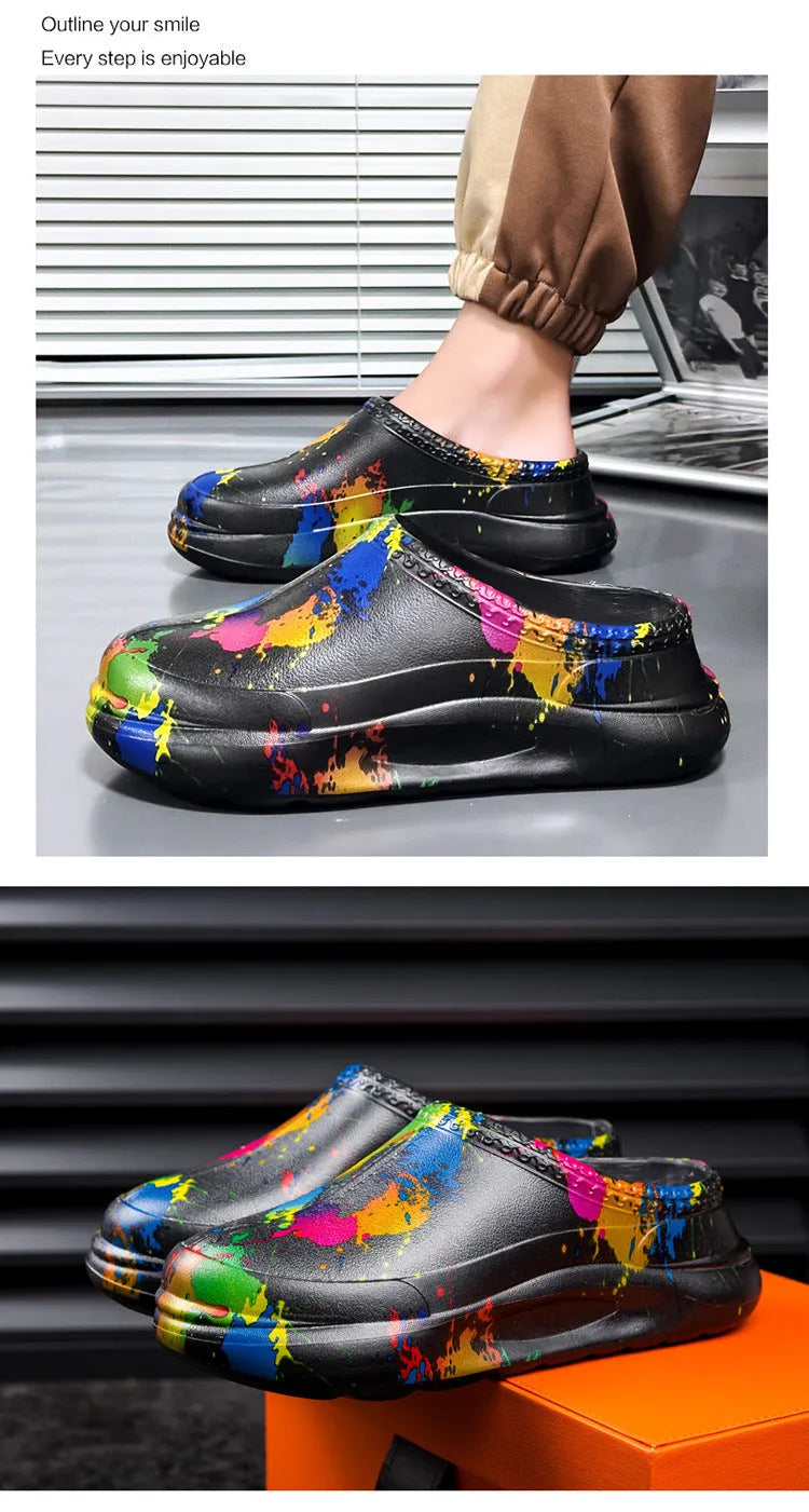 Men's black EVA slip-on work shoes with toe cap and textured sole on a grey background.