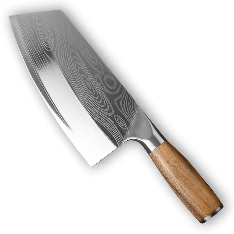 Stainless steel kitchen knife with a 320mm forged blade on a cutting board.
