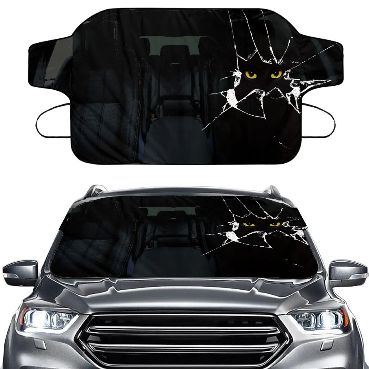 Car front gear sunshade made of aluminium film and polyester fabric with installation lanyard