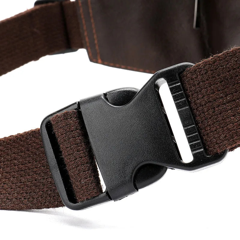 Horizontal square cowhide leather waist bag with zipper closure and multiple internal pockets