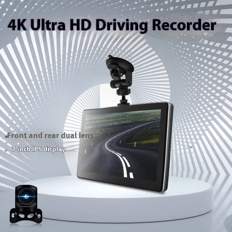 Black 7-inch wireless CarPlay projection camera and dash cam with wide-angle lens on car dashboard