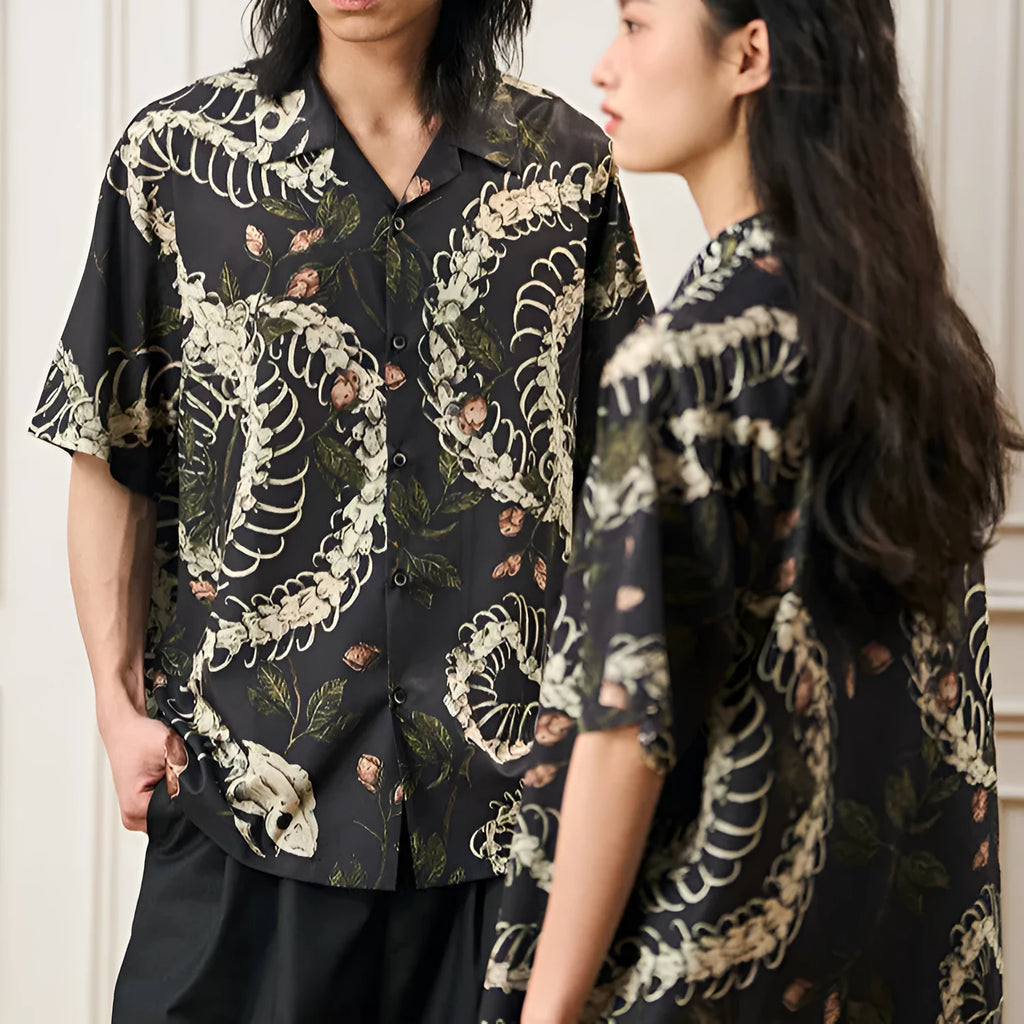 Men's short sleeve Cuban collar shirt with a snake bone floral pattern print in assorted colours.