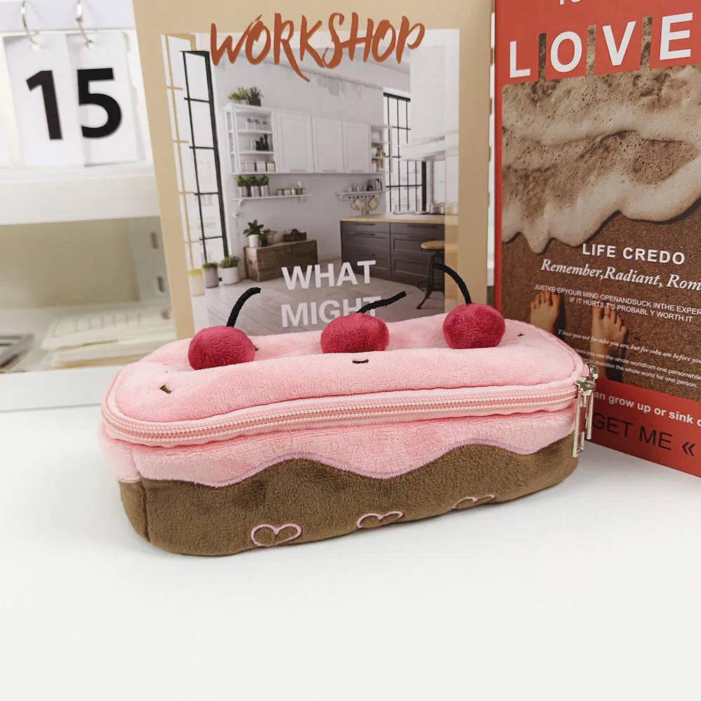 Cherry Cake plush design velvet pencil case in Korean style.