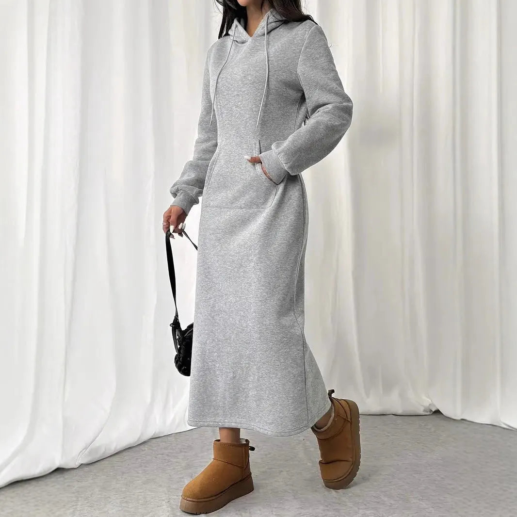 Women's casual long sleeve hoodie dress with drawstring waist and side pockets in solid colour
