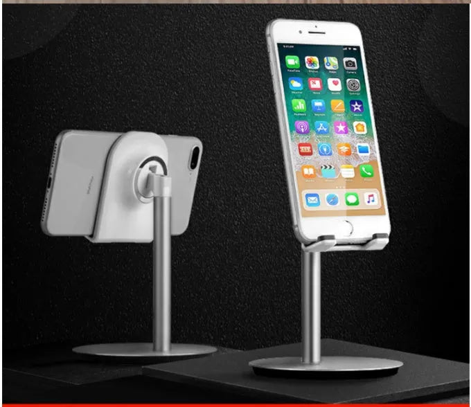 Silver metal desktop phone and tablet holder showing adjustable design for 3-11 inch mobile devices