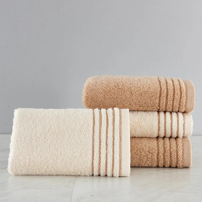 Six-piece cotton towel set showing bath, hand, and washcloth sizes in beige colour.