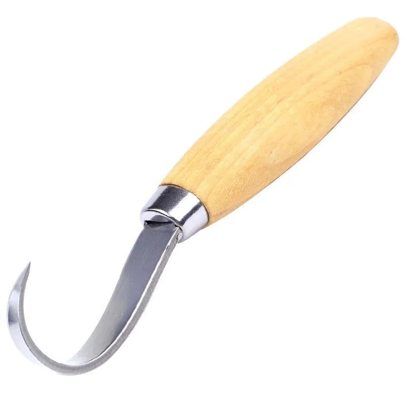 Spoon carving knife with stainless steel blade and wood handle for wood carving.