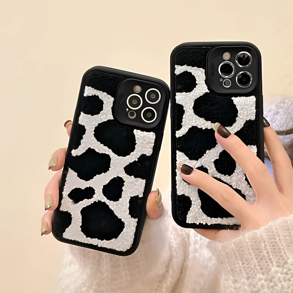 Towel embroidered black cow pattern plush back cover phone case for iPhone, Japanese Korean style