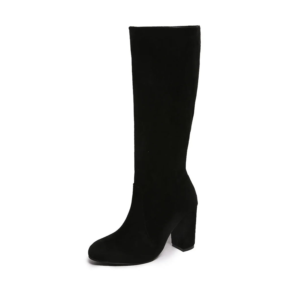 Pleated suede-look pointed toe block heel boots in black or chocolate, sizes 35-43, 6-8cm heel