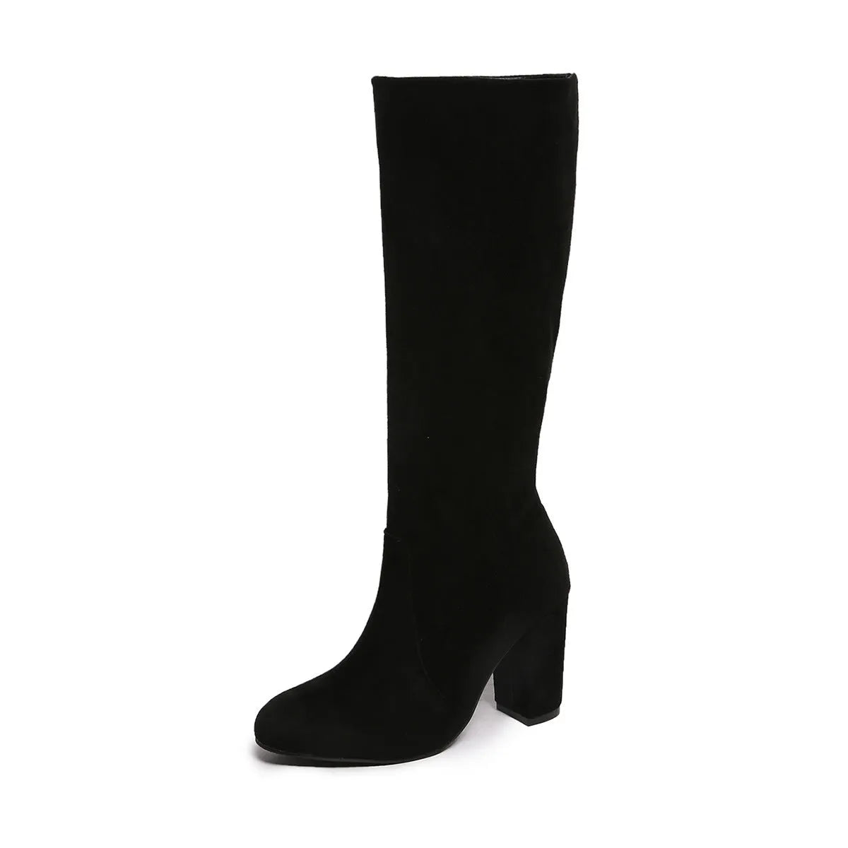 Pleated suede-look pointed toe block heel boots in black or chocolate, sizes 35-43, 6-8cm heel