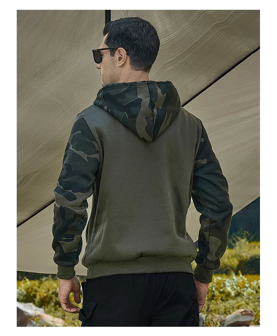 Men's casual hooded sweater in camouflage colour block polyester, available in Army Green, Black, and Khaki.