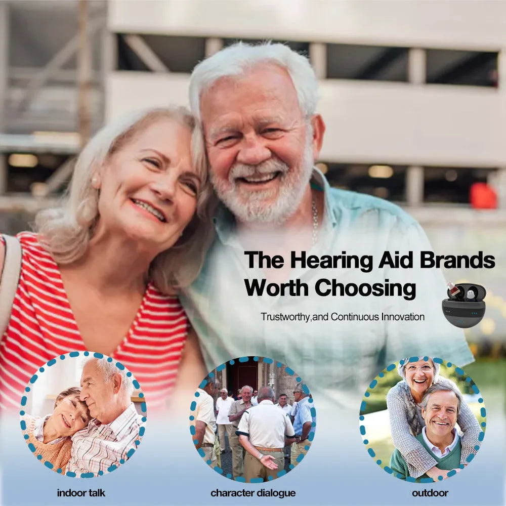 C700 digital in-ear hearing aid in red and blue with charging case and earplug accessories.