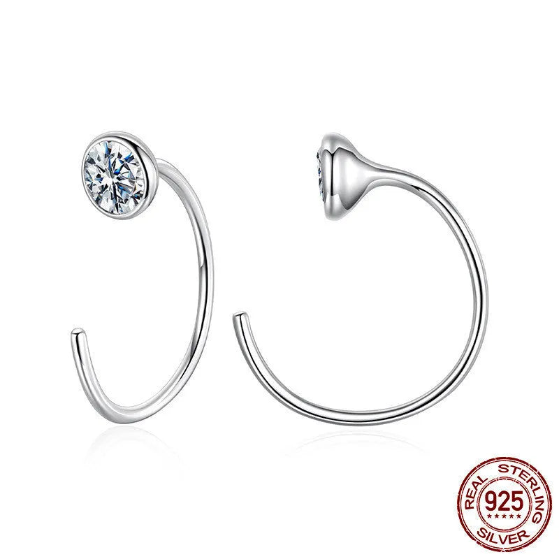 Silver moissanite ear hook with D colour stone, geometric line design, MSE105 certificate option, one pair for women