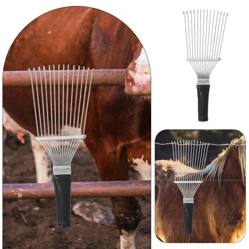 Stainless steel horse dematting brush comb with metal teeth and handle for grooming livestock and dogs.