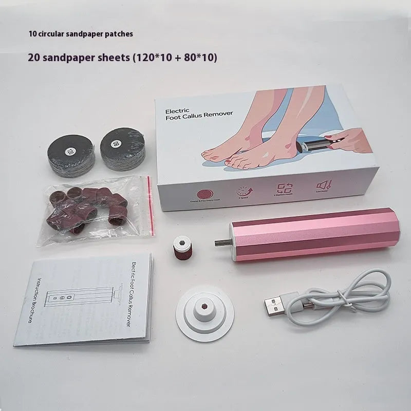 Electric callus remover kit with USB cable, grinding wheels, and gift box in pink, black, or purple.