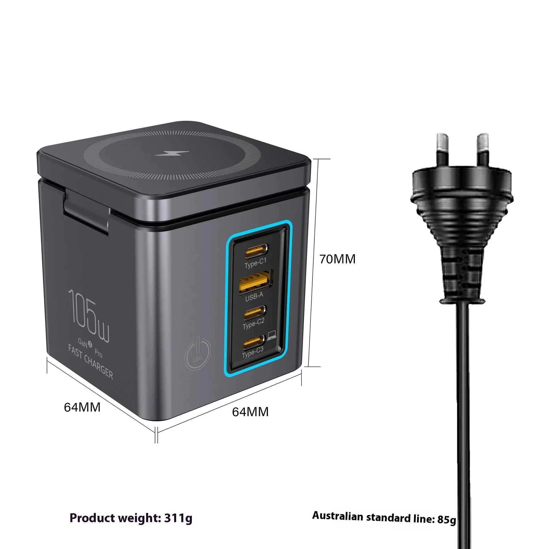 105W Gallium Nitride magnetic wireless charger in black with UK plug, universal travel charger