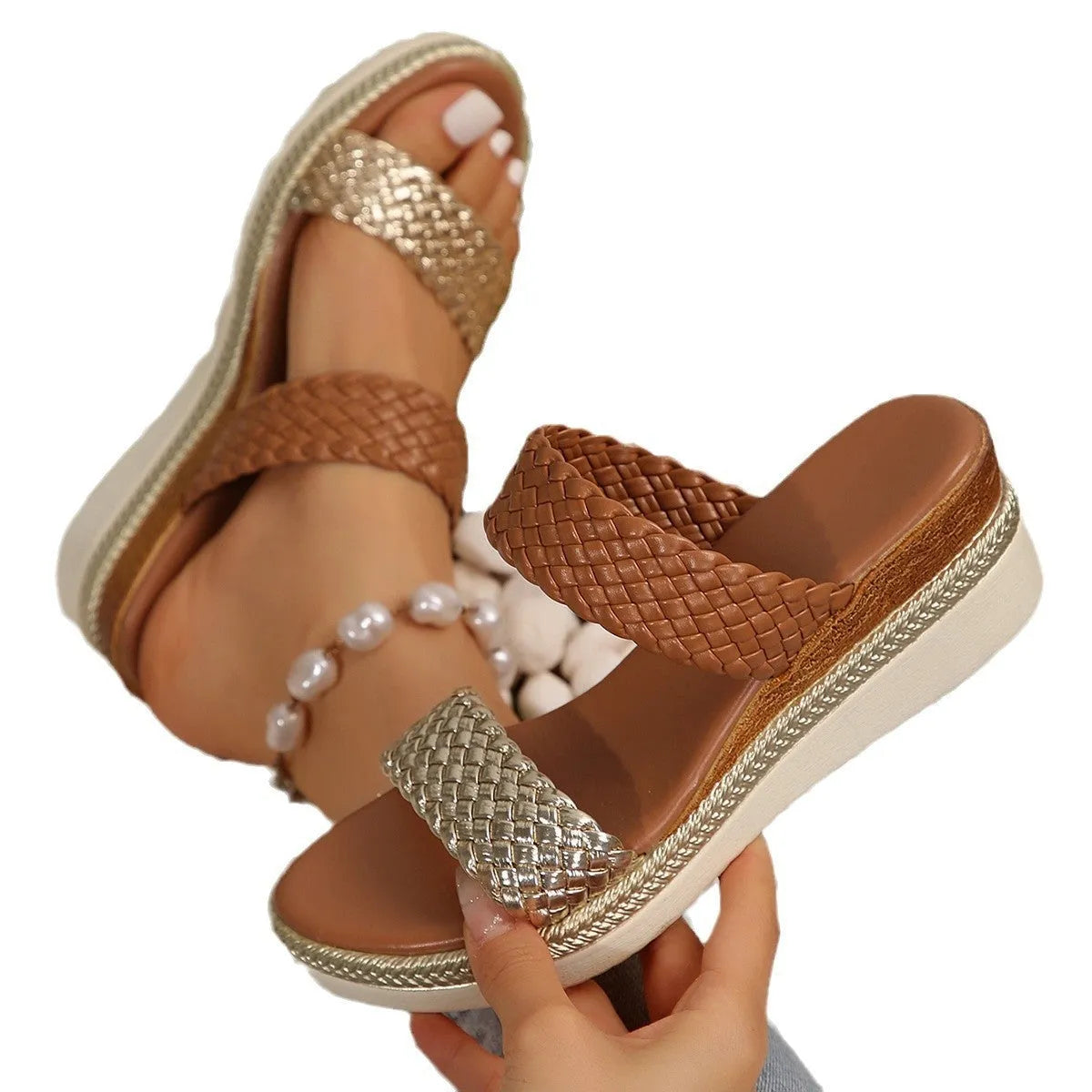 Women's plus size wedge sandals in gold metallic PU leather with rubber wedge soles