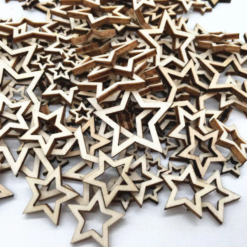 Wooden MDF hollow five-pointed star pendants in 10mm 20mm 30mm sizes with landscape flowers pattern individually packed