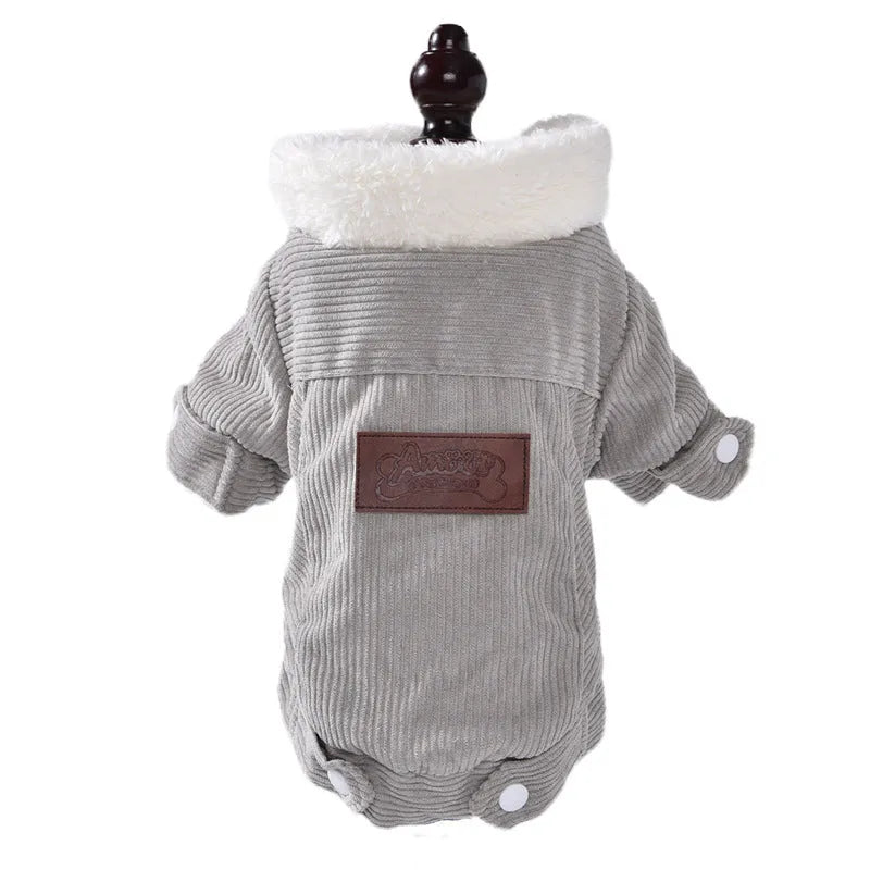 Grey fleece-lined lambswool vest for a dog, showing wool lining and padded design.