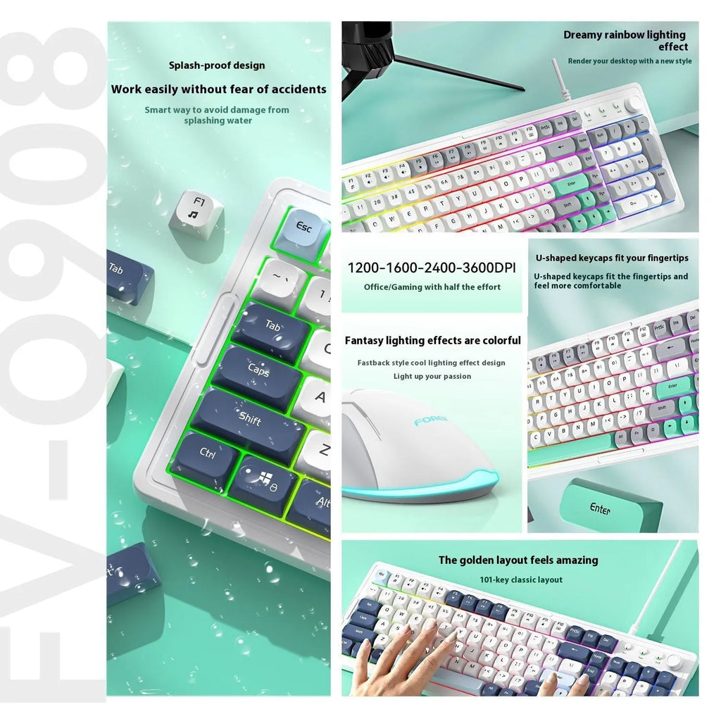 Custom mechanical keyboard and wireless mouse in selected colour option with backlight illumination.
