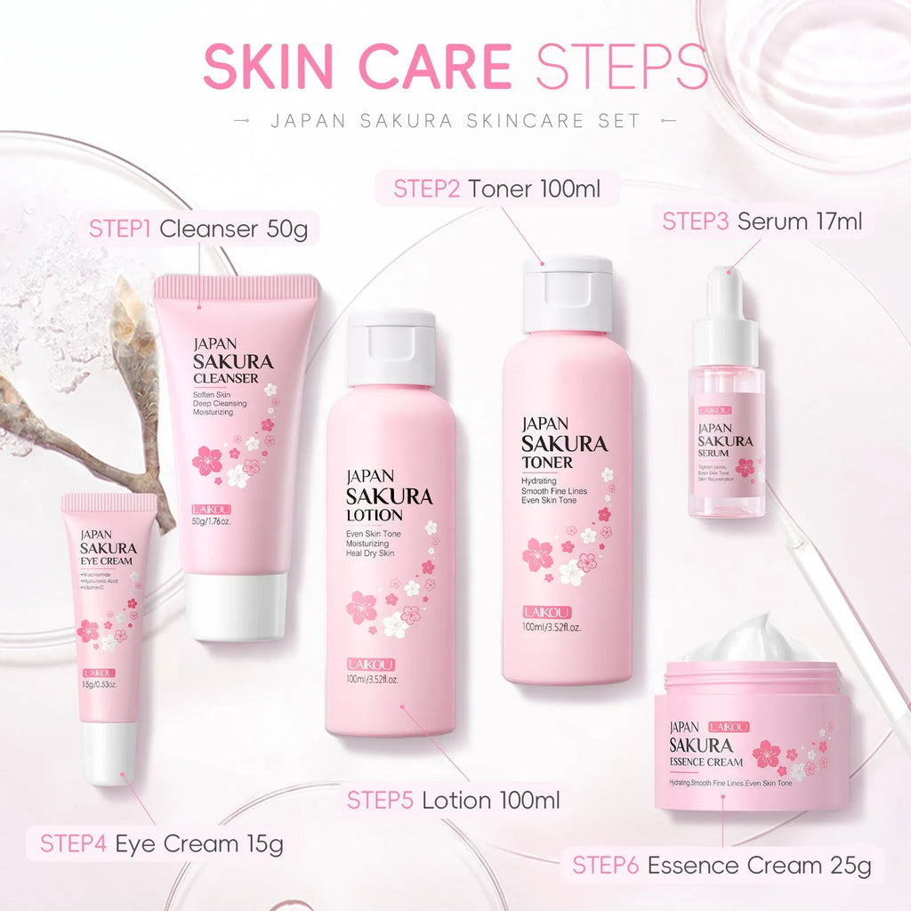 Cherry Blossom brightening and cleansing six piece facial skin care set with bottles and jars