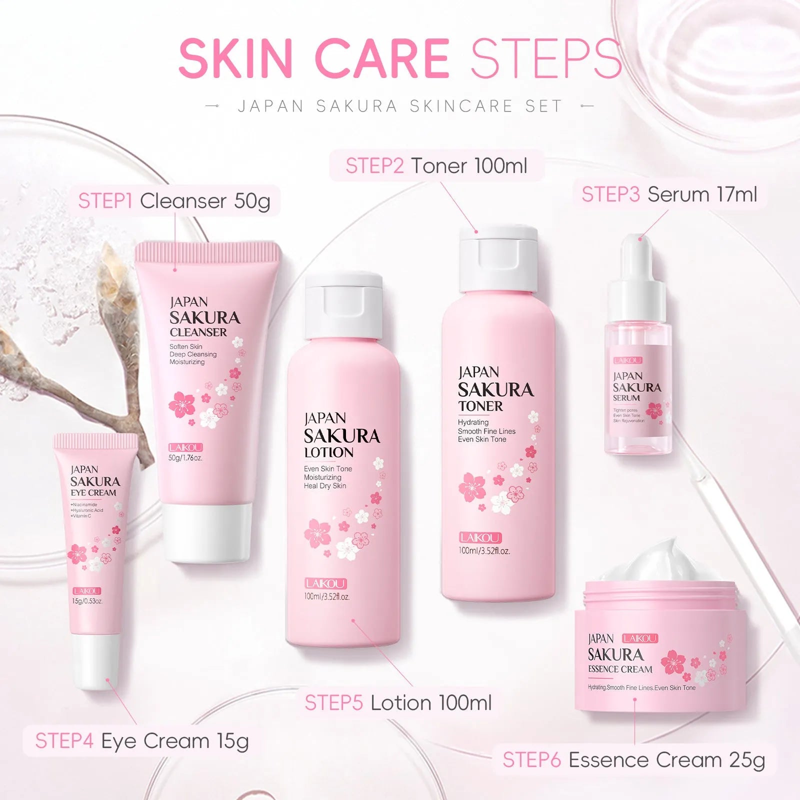 Cherry Blossom brightening and cleansing six piece facial skin care set with bottles and jars