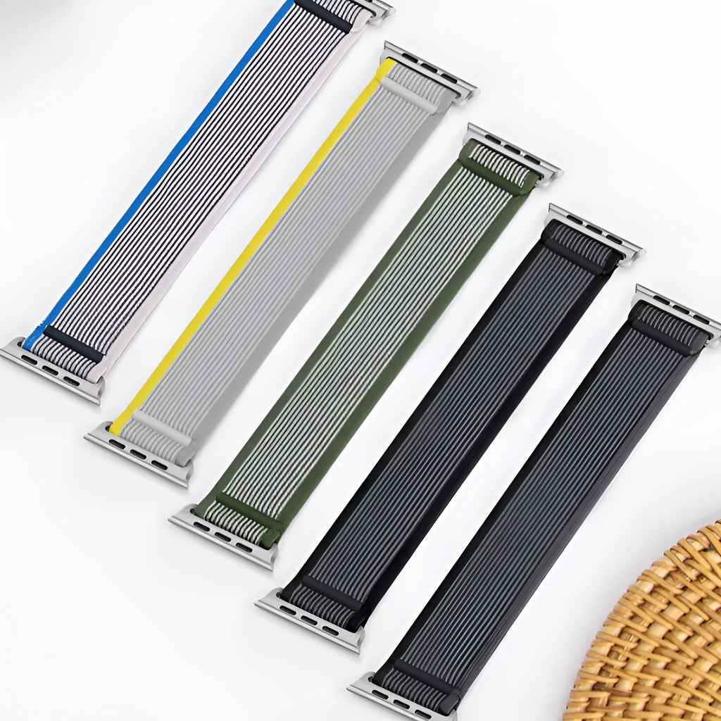 Nylon single ring integrated strap for Apple Watch in multiple colour options on a wrist