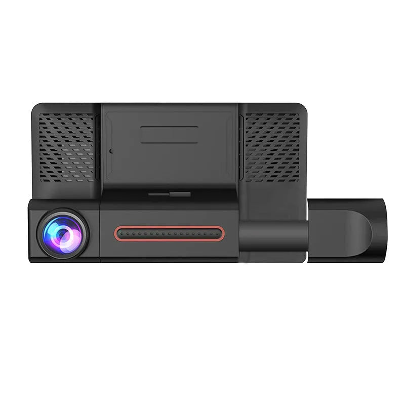 Black three-lens dash cam with 4-inch touch screen for front and rear vehicle recording