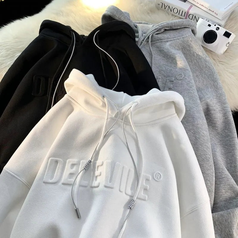 Men's hooded hoodie in American-style loose fit, polyester long sleeve top in black