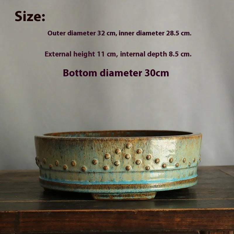 Handmade purple sand ceramic round drum flower pot with high-temperature firewood glaze in nail compound colour for indoor plants
