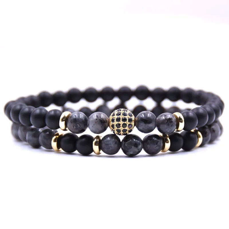 Adjustable beaded cord men bracelet set in multiple colours: black, blue, brown, gray, tigereye, volcanic rocks, white dot