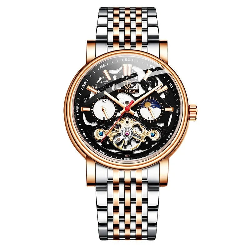 Men's black mechanical watch with skeleton dial showing tourbillon, luminous hands, on a leather strap.