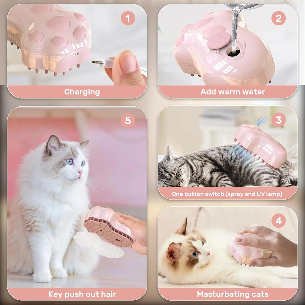 Blue 4-in-1 self-cleaning cat steam brush with silicone bristles and rechargeable spray bottle
