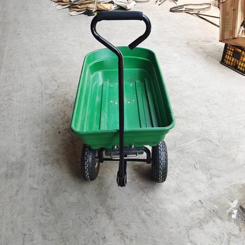 Green four-wheel plastic dump truck with steel PP construction and 350kg capacity