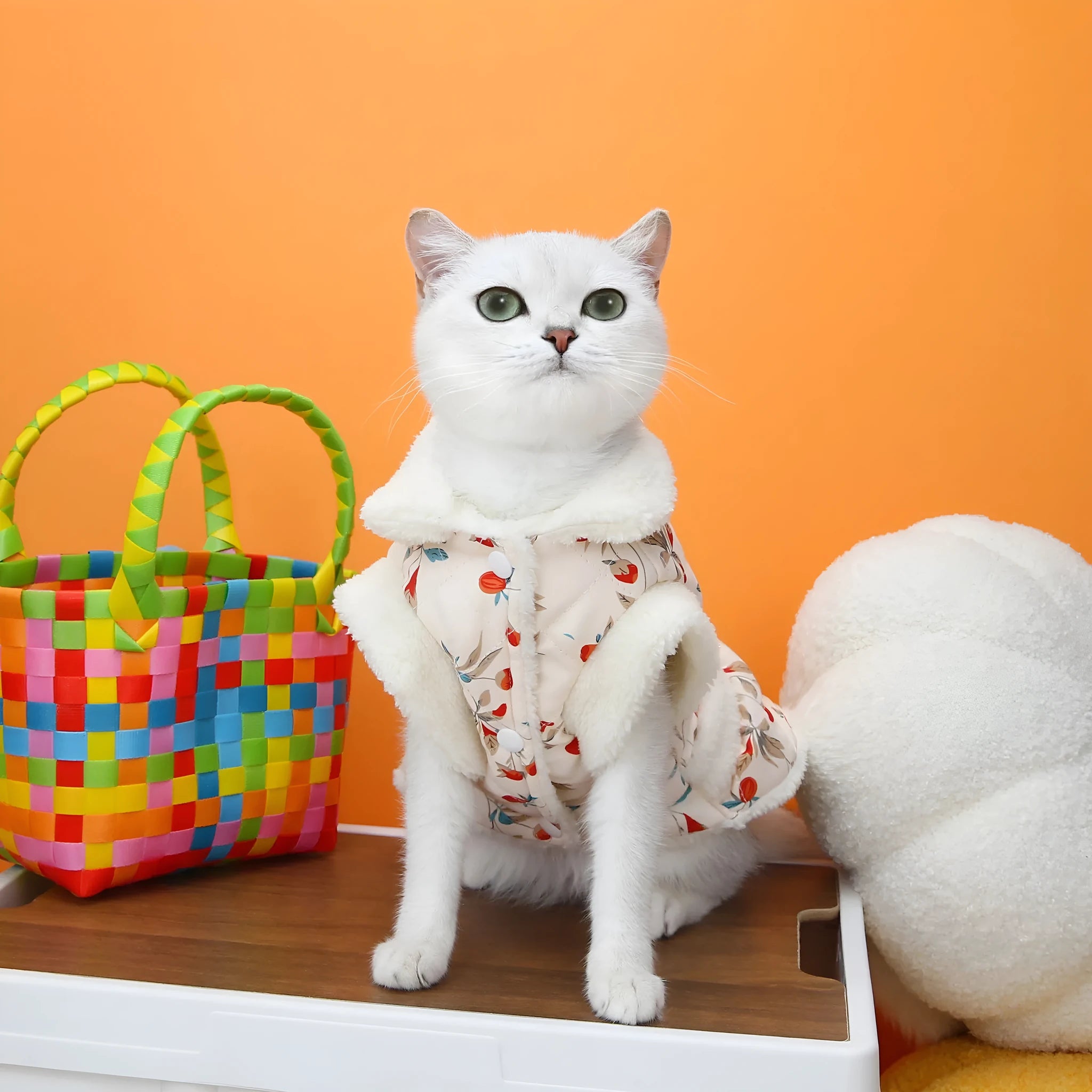 Pet cat clothes in cotton velvet broken card printing fabric available in pink and white sizes XS to XL for cats