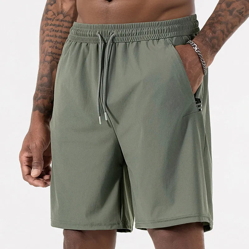 Men's black high-waist quick-drying nylon ice silk sports shorts on a hanger.