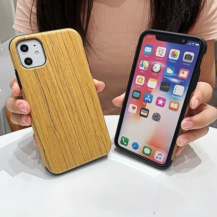 Wooden iPhone back cover case shown in rosewood, teak, black rose, and walnut colour options.