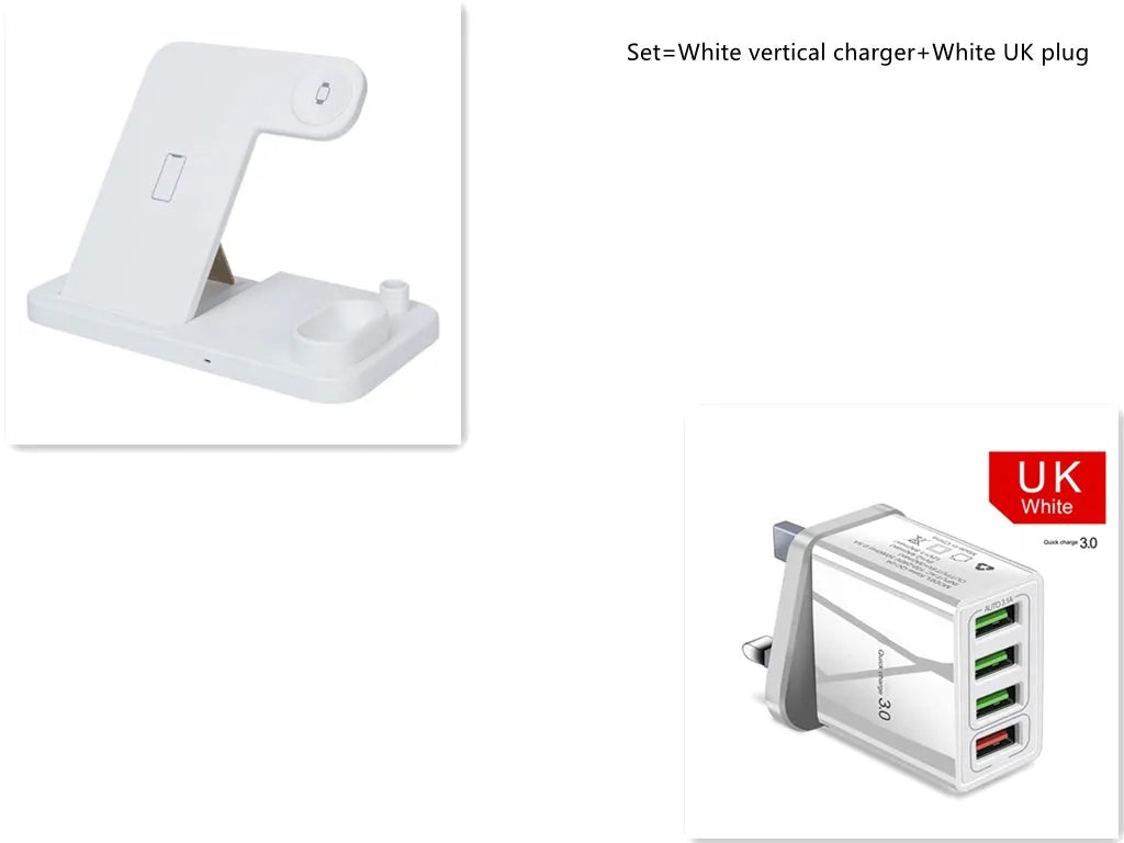A white 4-in-1 wireless charging station with an iPhone, Apple Watch, and AirPods charging on its adjustable, foldable stand.