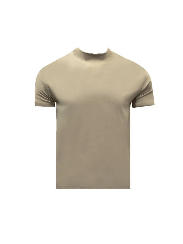 Men's cotton short sleeve t-shirt with half turtleneck and drop-shoulder sleeves in solid colour