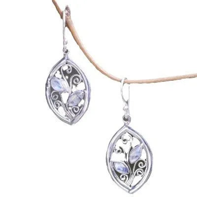 Silver colour alloy earrings with a leaf design and embedded colourful moonstones for women.