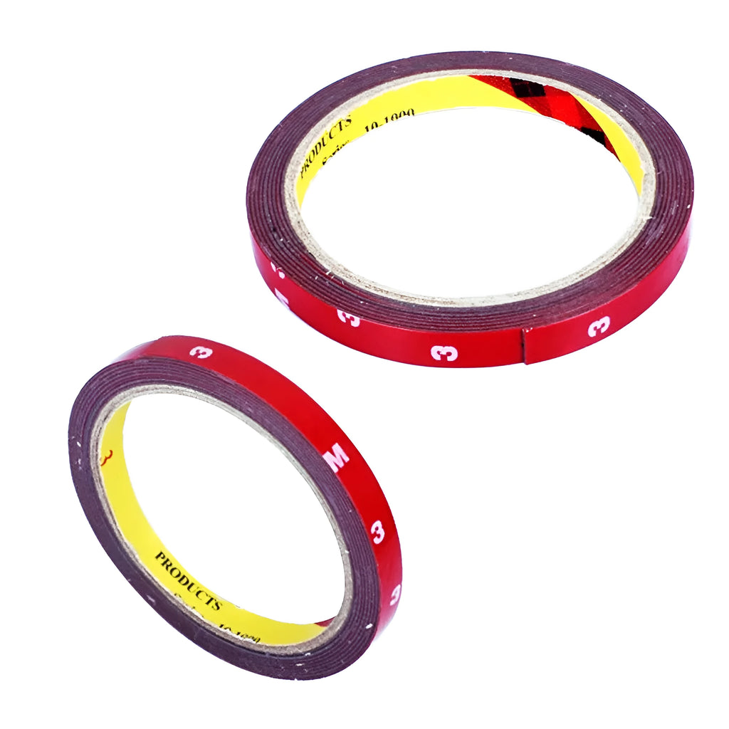 Red double sided adhesive M3 tape 0.6cm width acrylic foam on a car badge