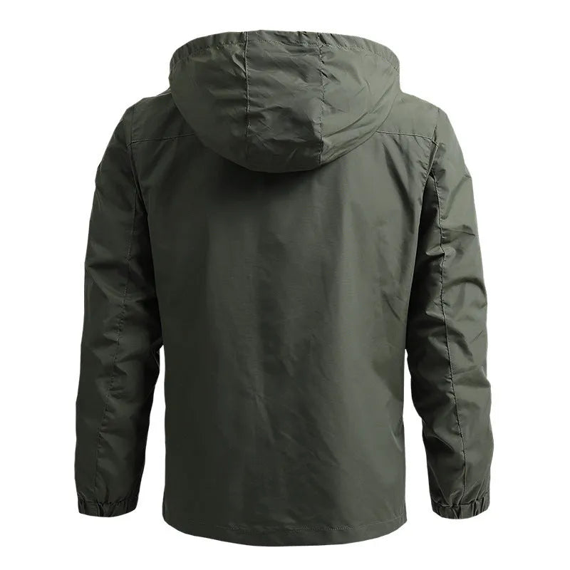 Men's mountaineering windbreaker outdoor sports jacket with hood, stand-up collar, and zipper front in army green colour