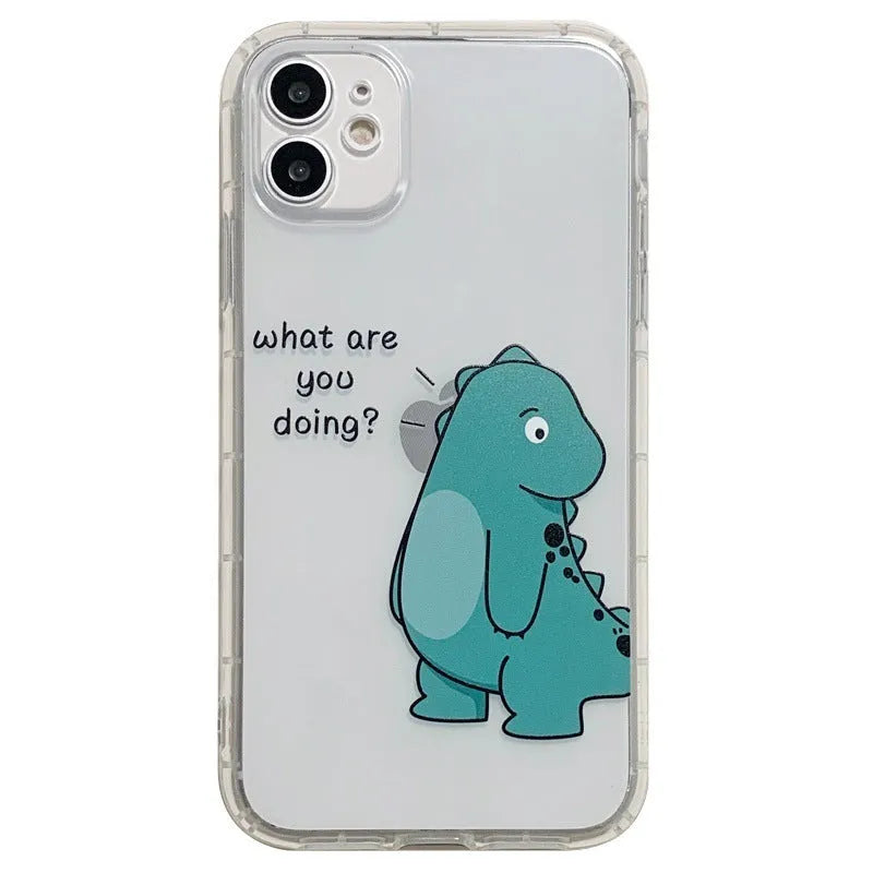 Clear transparent iPhone case with green dinosaur design on back, showing airbag-style edges.